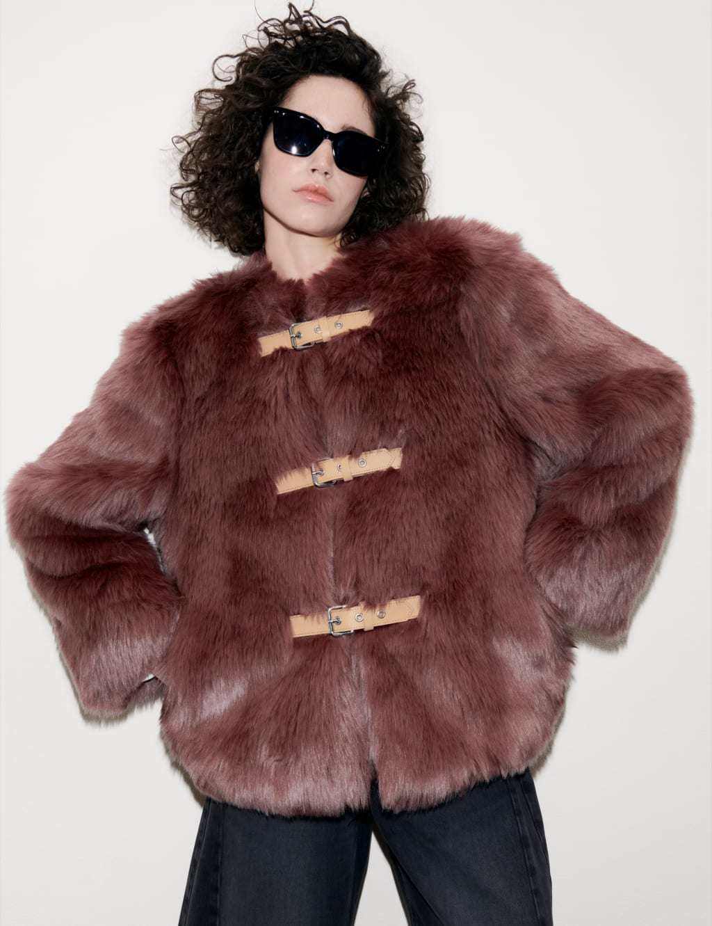 Buckle Detail Faux Fur Jacket