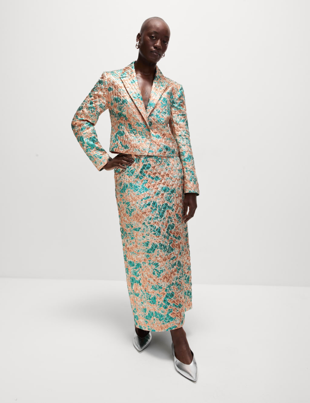 Tailored Metallic Quilted Cropped Blazer M S Collection M S