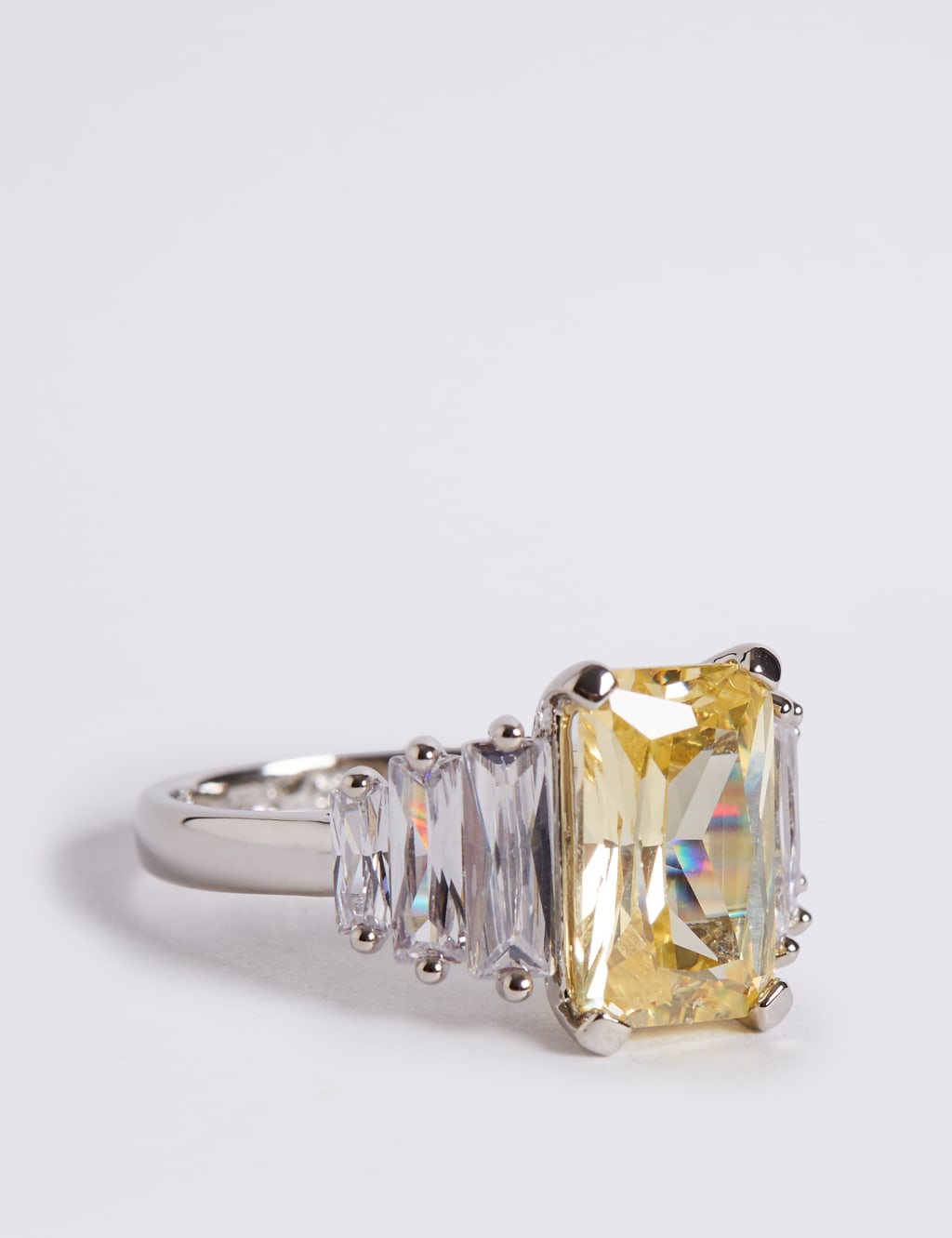 Platinum Plated Diamanté Baguette Ring 2 of 2