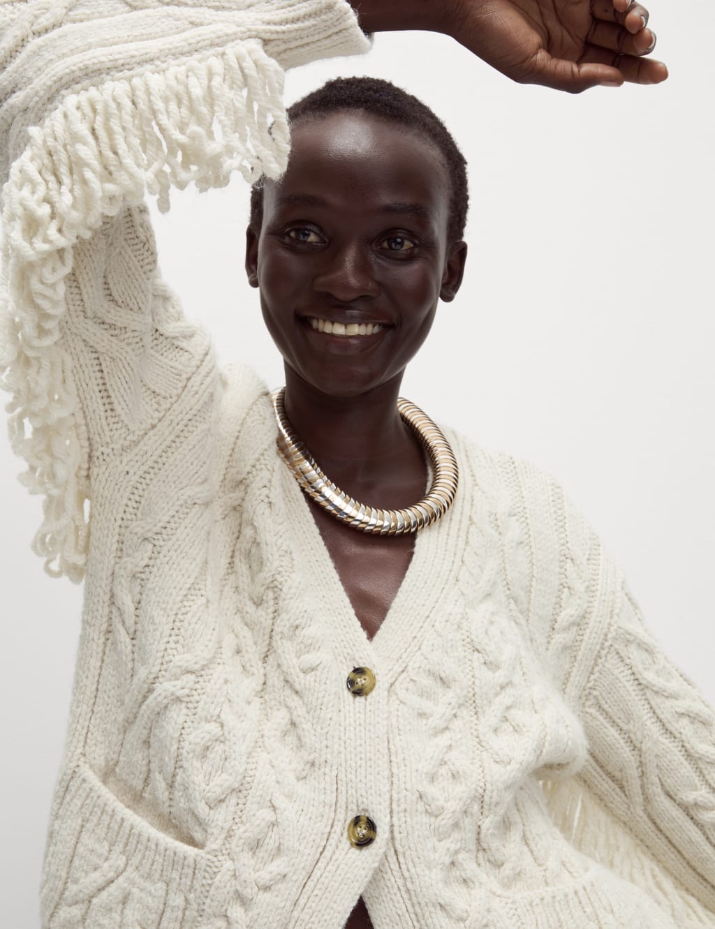Cable Knit V Neck Fringe Cardigan
