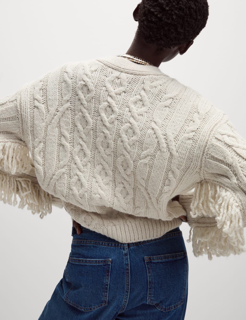 Cable Knit V Neck Fringe Cardigan
