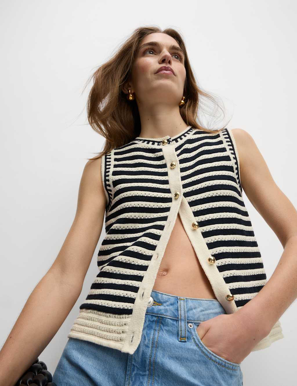 Cotton Rich Striped Knitted Waistcoat 1 of 8