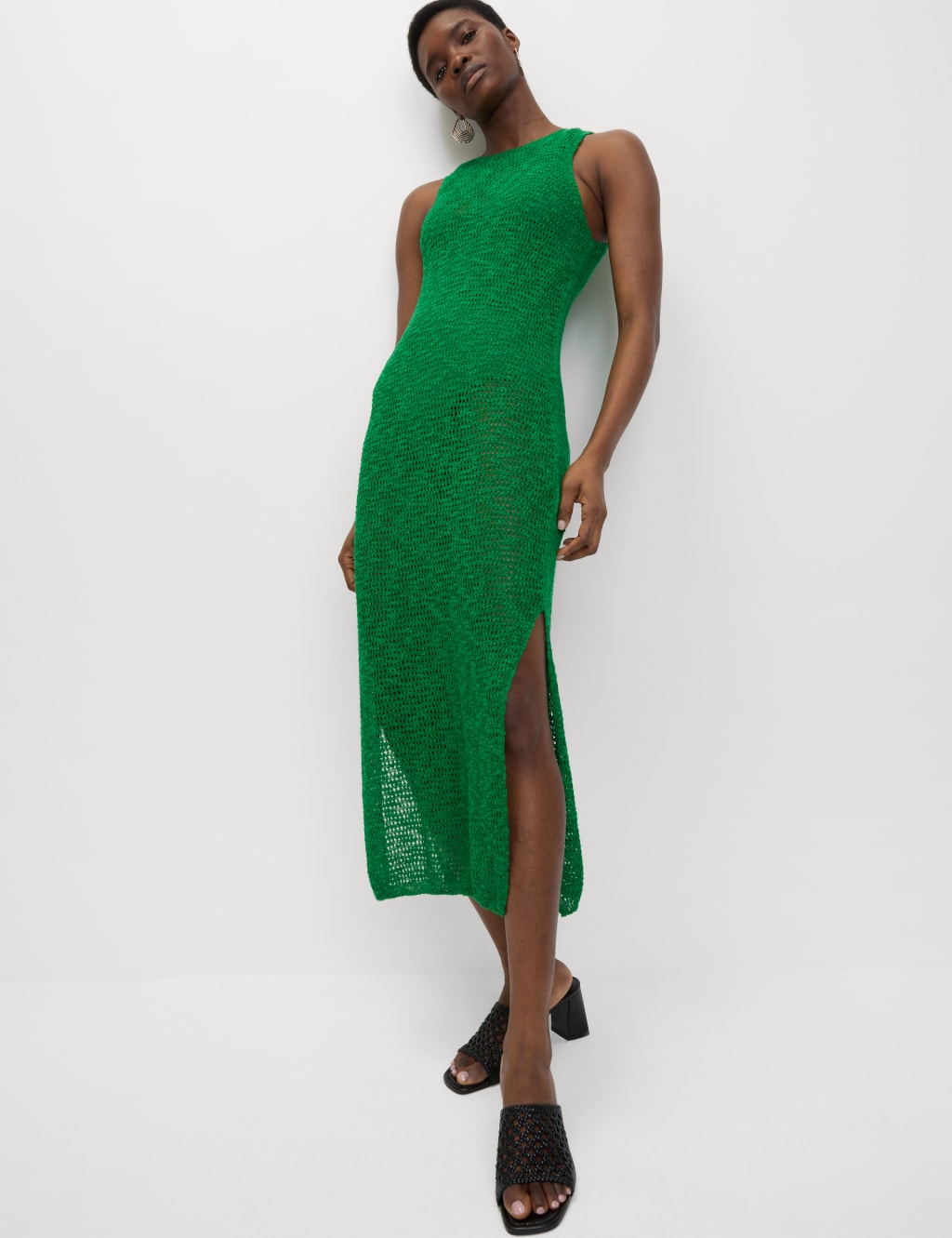 Cotton Rich Knitted Midi Dress with Linen M S Collection M S