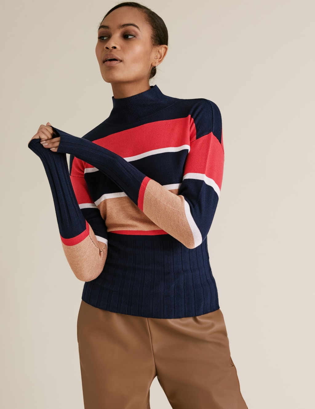 Knitted Striped Funnel Neck Fitted Jumper 1 of 5