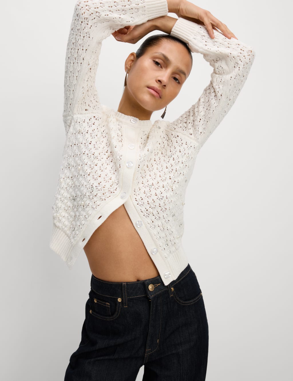 Cotton Blend Embellished Crew Neck Cardigan 1 of 6