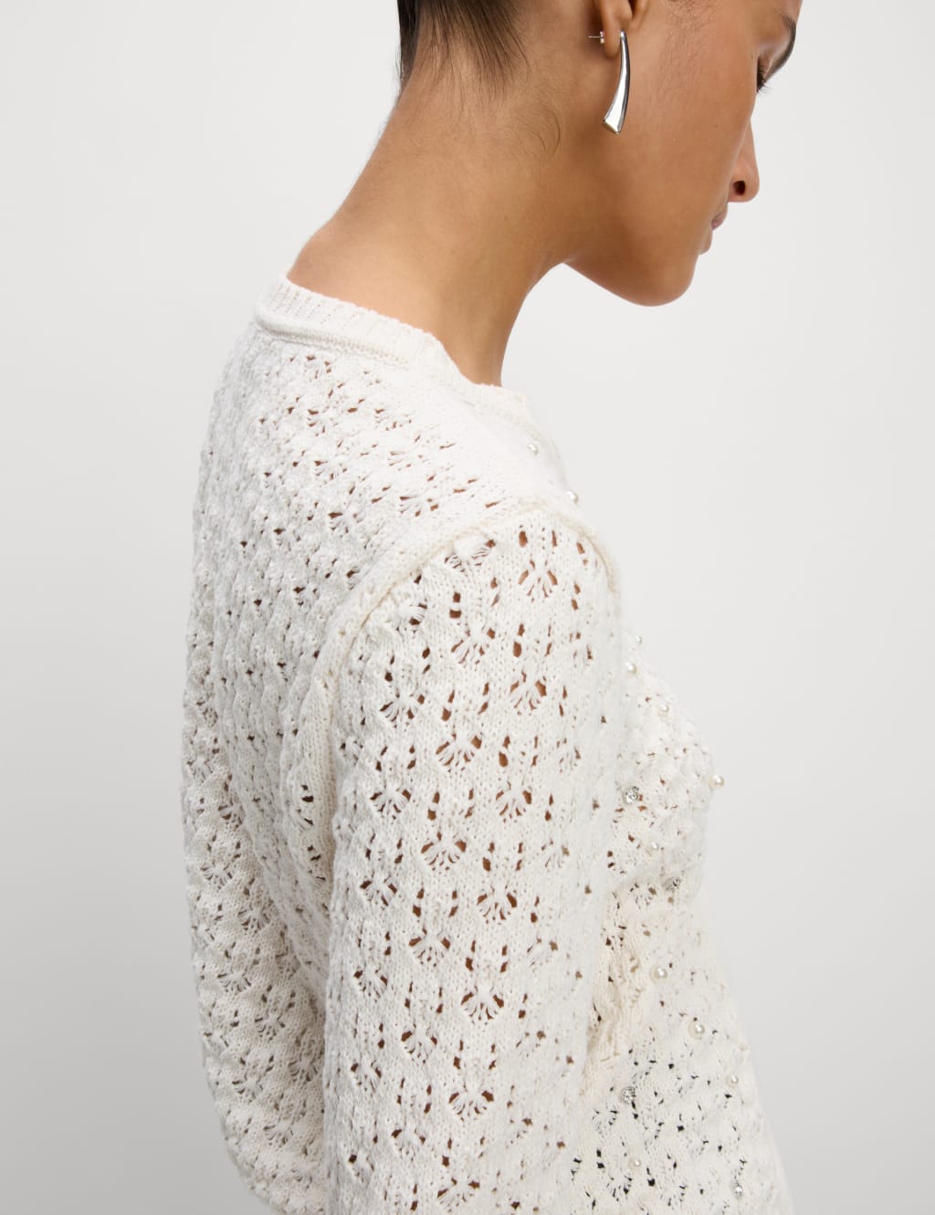 Cotton Blend Embellished Crew Neck Cardigan 3 of 6
