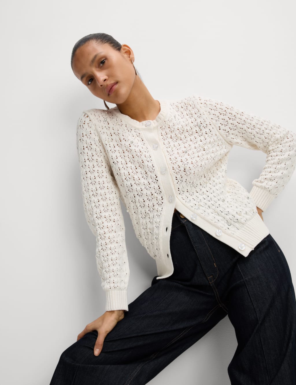 Cotton Blend Embellished Crew Neck Cardigan 5 of 6
