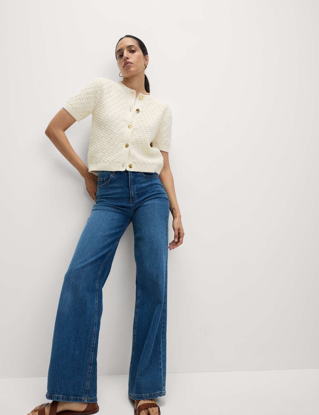 Cotton Blend Textured Button Front Cropped Cardigan 4 of 8