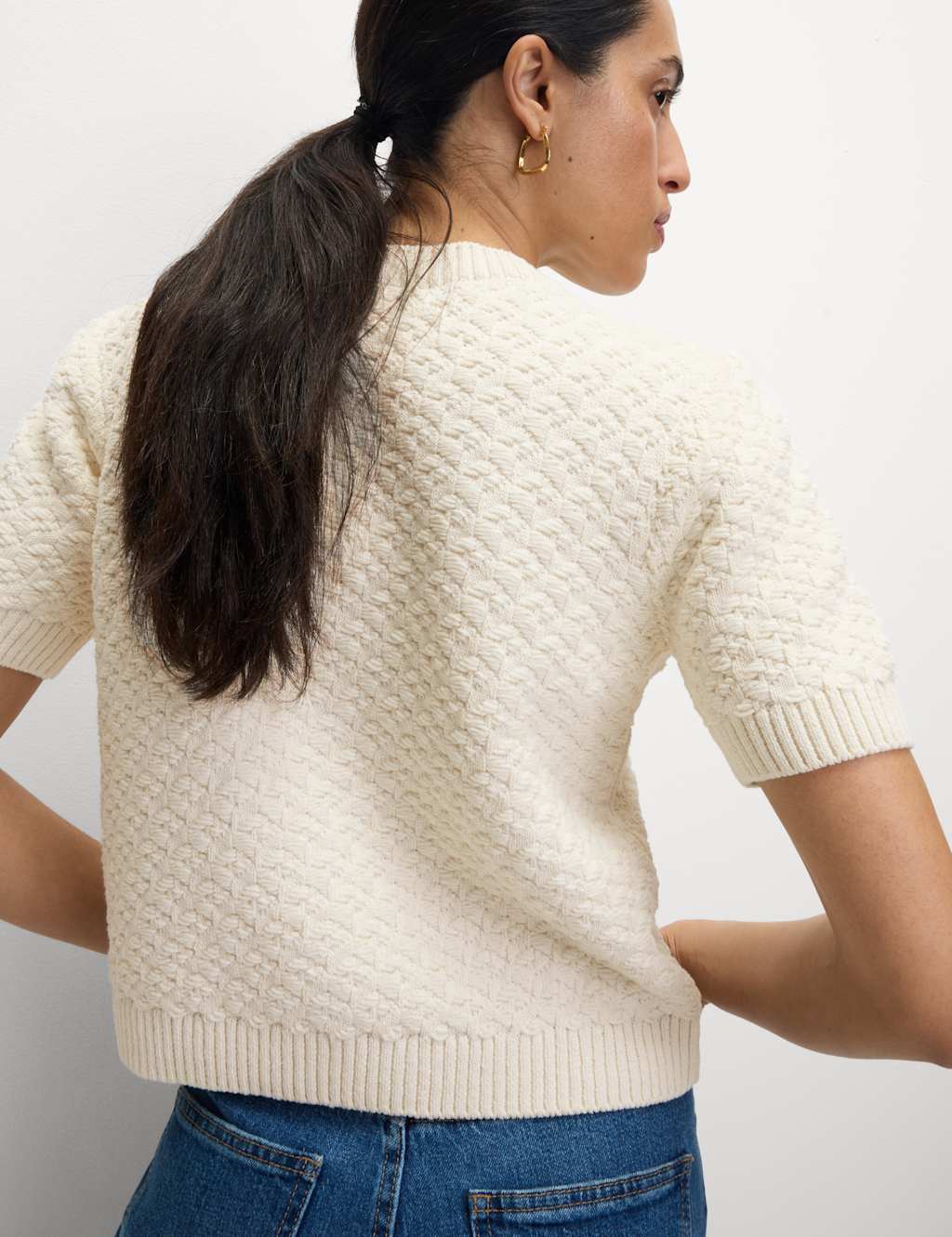 Cotton Blend Textured Button Front Cropped Cardigan 5 of 8