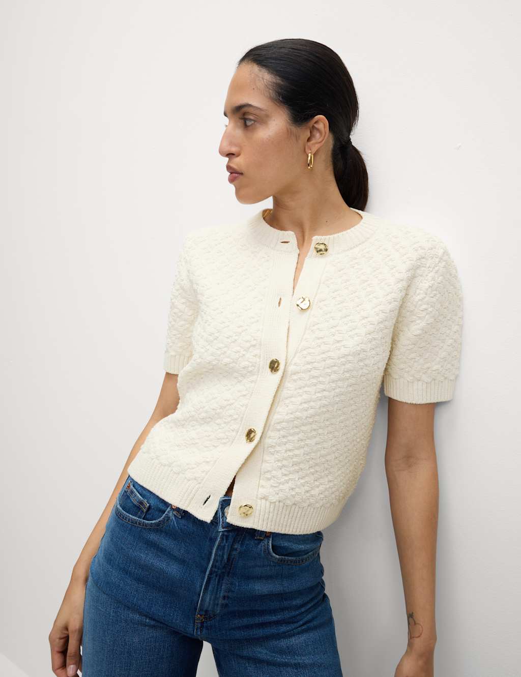 Cotton Blend Textured Button Front Cropped Cardigan 6 of 8