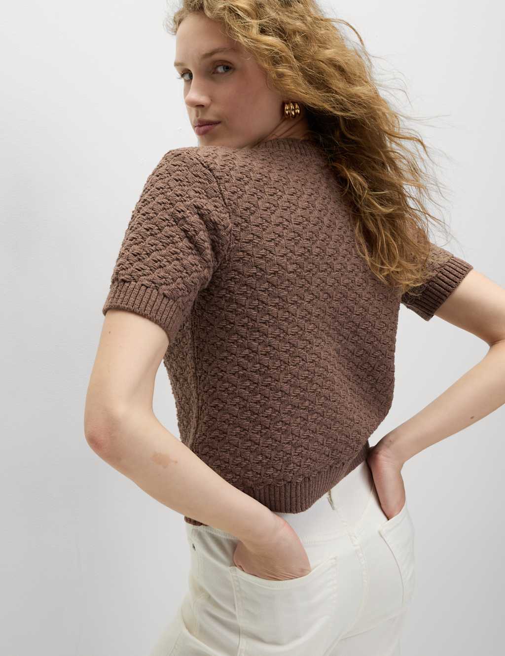 Cotton Blend Textured Button Front Cropped Cardigan 4 of 6