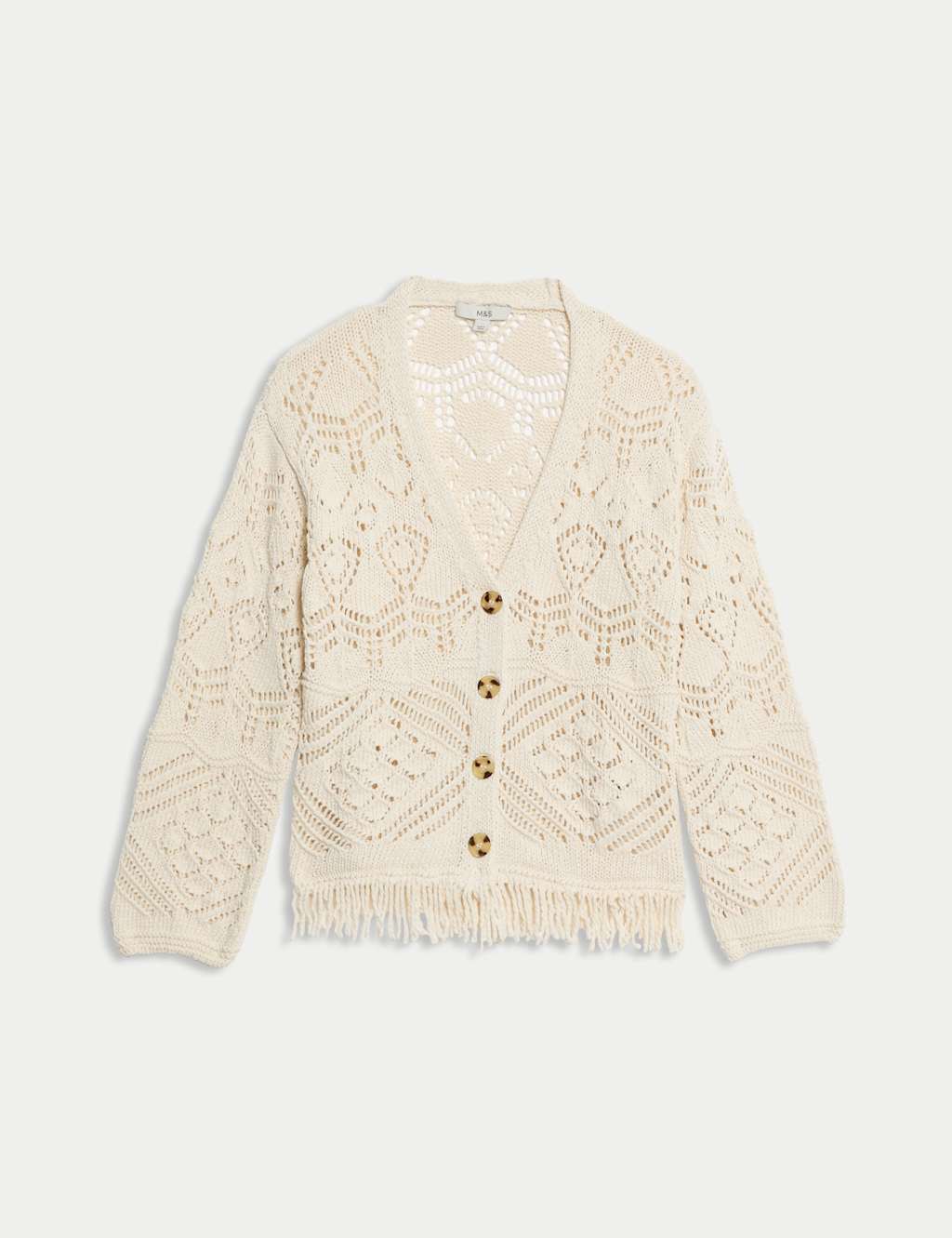 Cotton Blend Knitted V-Neck Fringe Cropped Cardigan 2 of 7