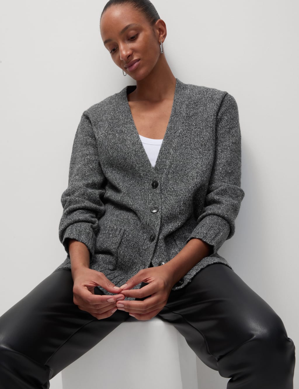 Textured V Neck Relaxed Cardigan
