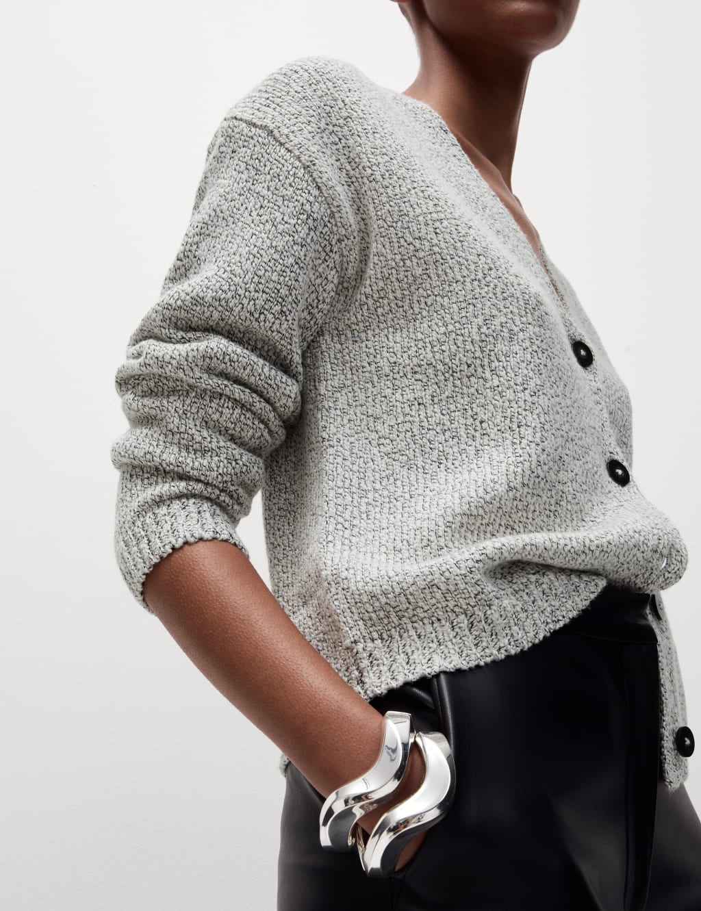Cotton Blend Textured V Neck Cardigan