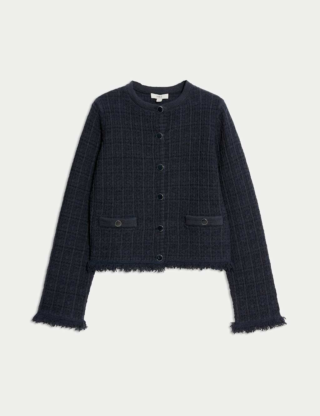 Cotton Rich Knitted Crew Neck Fringe Cardigan 2 of 7