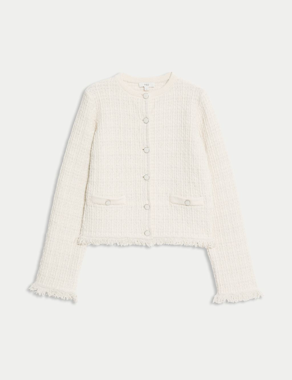 Cotton Rich Knitted Crew Neck Fringe Cardigan 2 of 7
