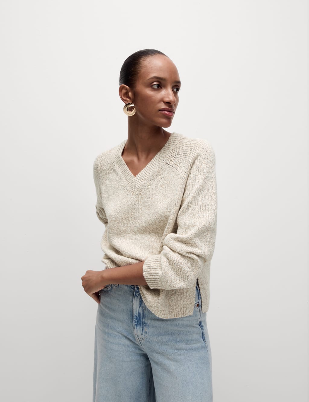 Cotton Blend Ribbed V Neck Jumper M S Collection M S