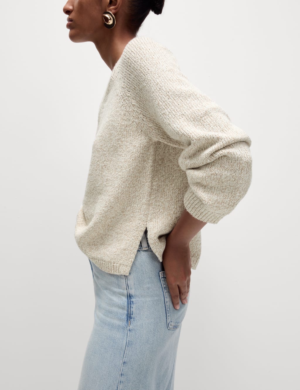 Cotton Blend Ribbed V Neck Jumper