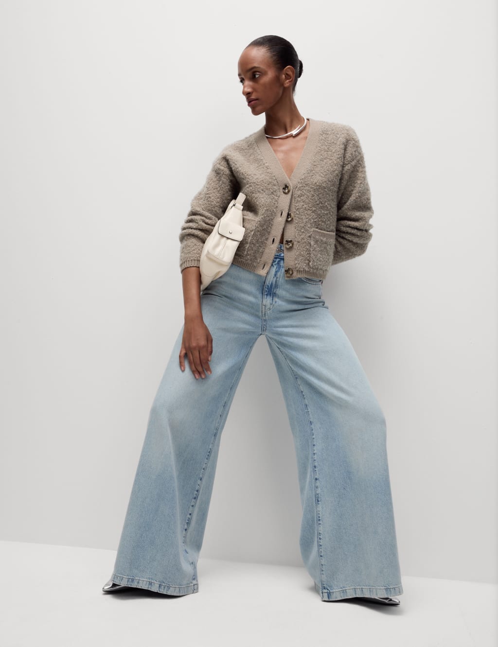 Textured Boucle V Neck Cardigan with Wool M S Collection M S