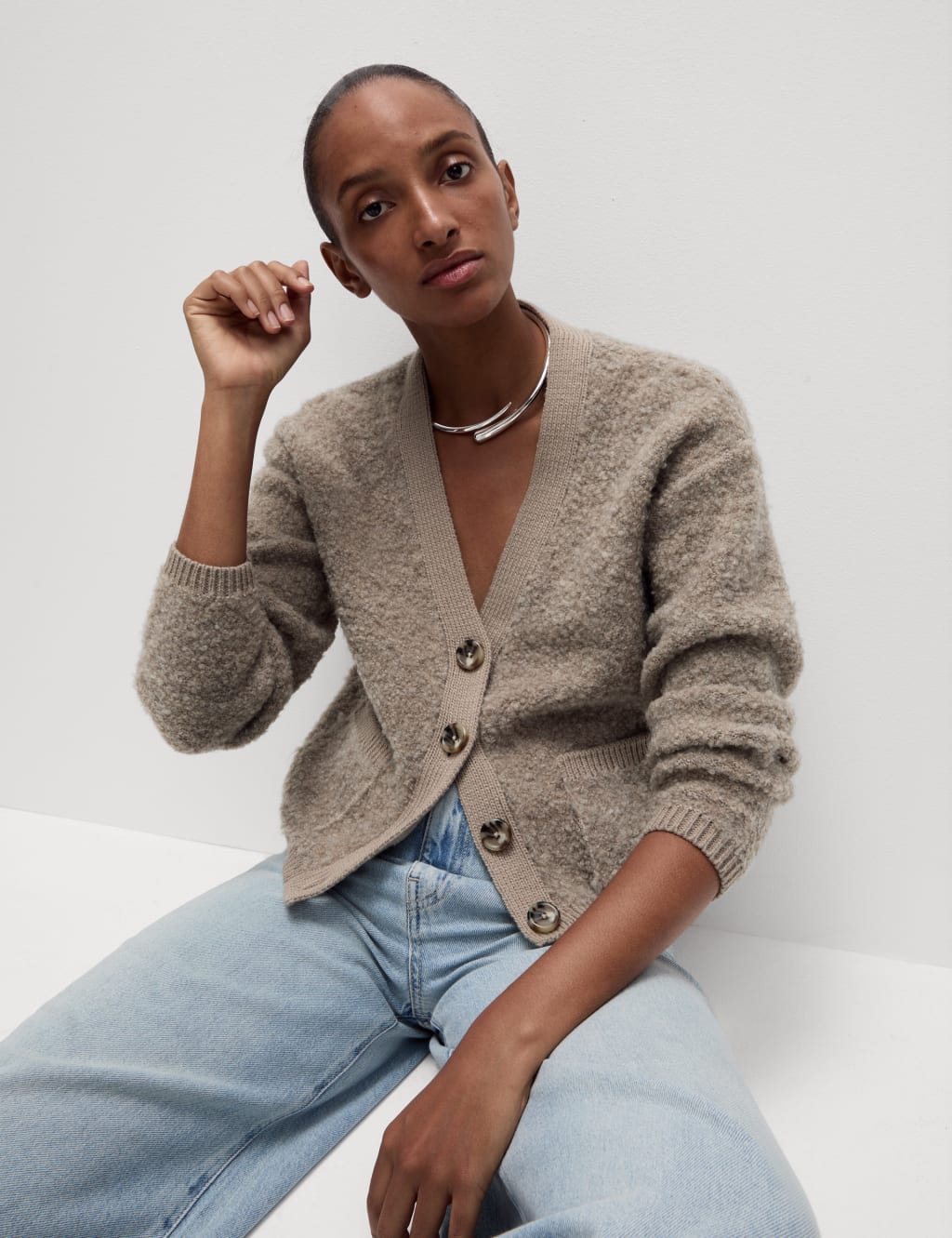 Textured Boucle V Neck Cardigan with Wool M S Collection M S