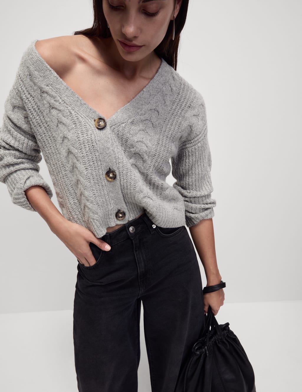 Textured V Neck Relaxed Cardigan with Wool