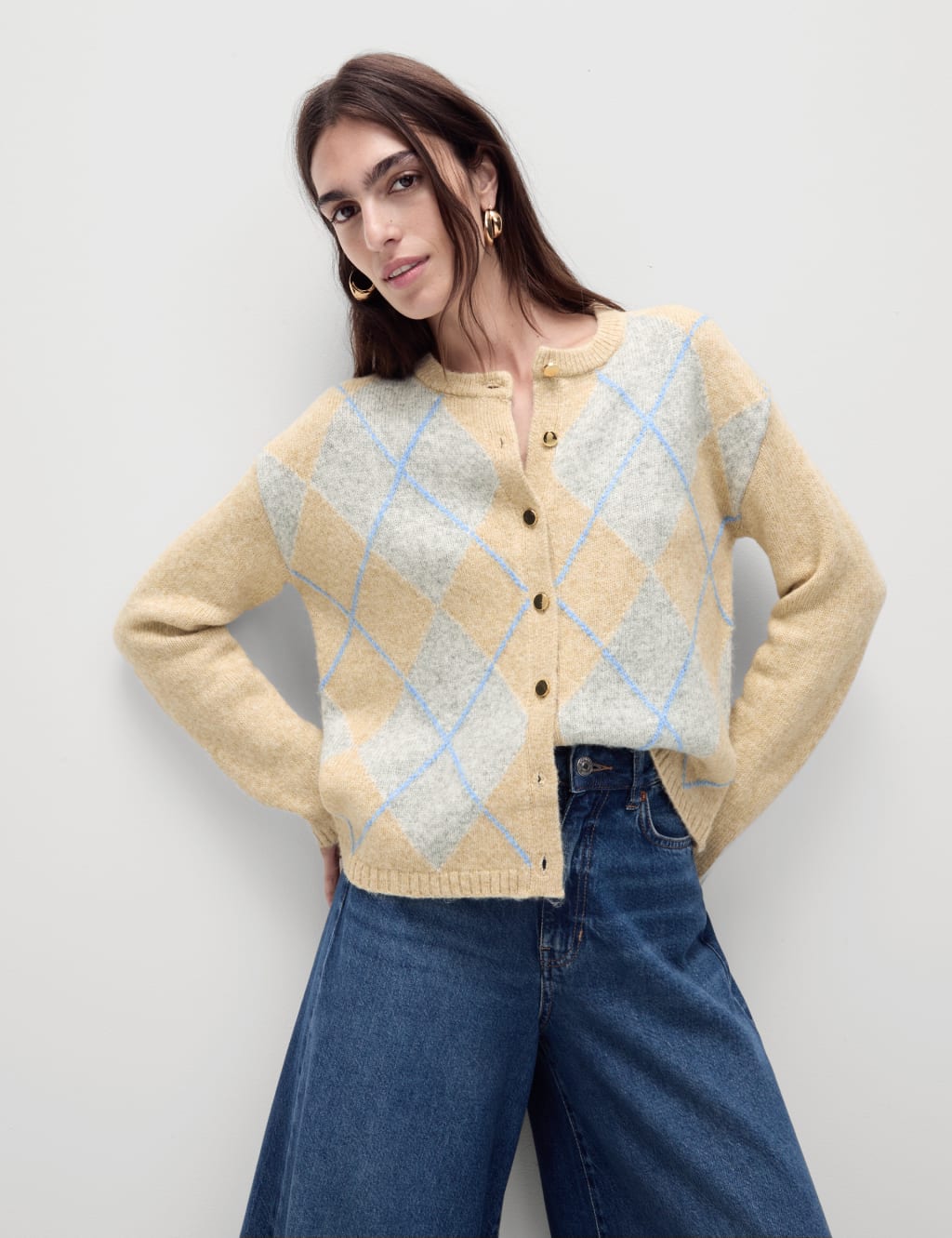 Argyle Crew Neck Cardigan with Wool M S Collection M S