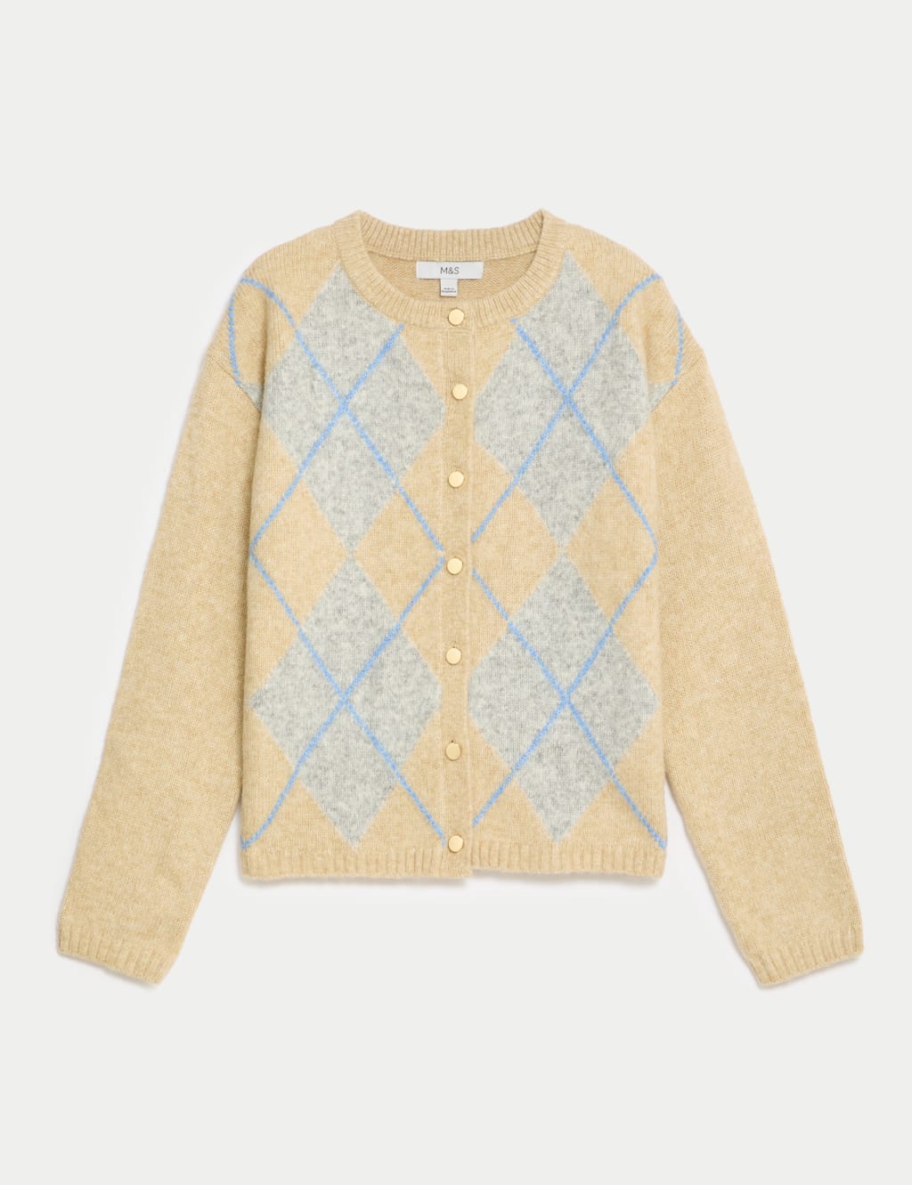 Argyle Crew Neck Cardigan with Wool