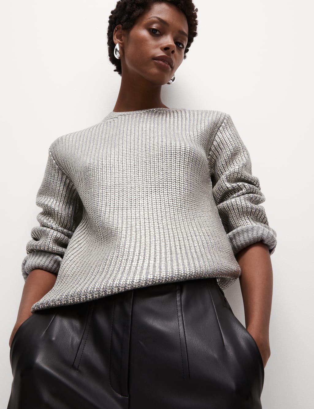 Metallic Ribbed Crew Neck Jumper M S Collection M S