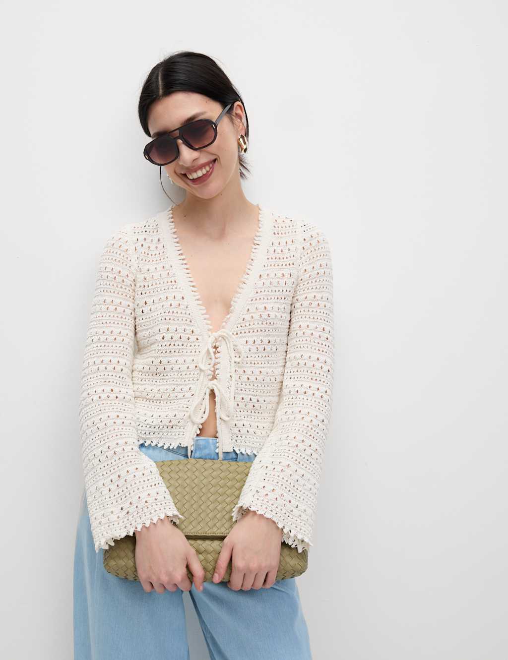 Cotton Blend Pointelle V-Neck Tie Front Cropped Cardigan 7 of 8