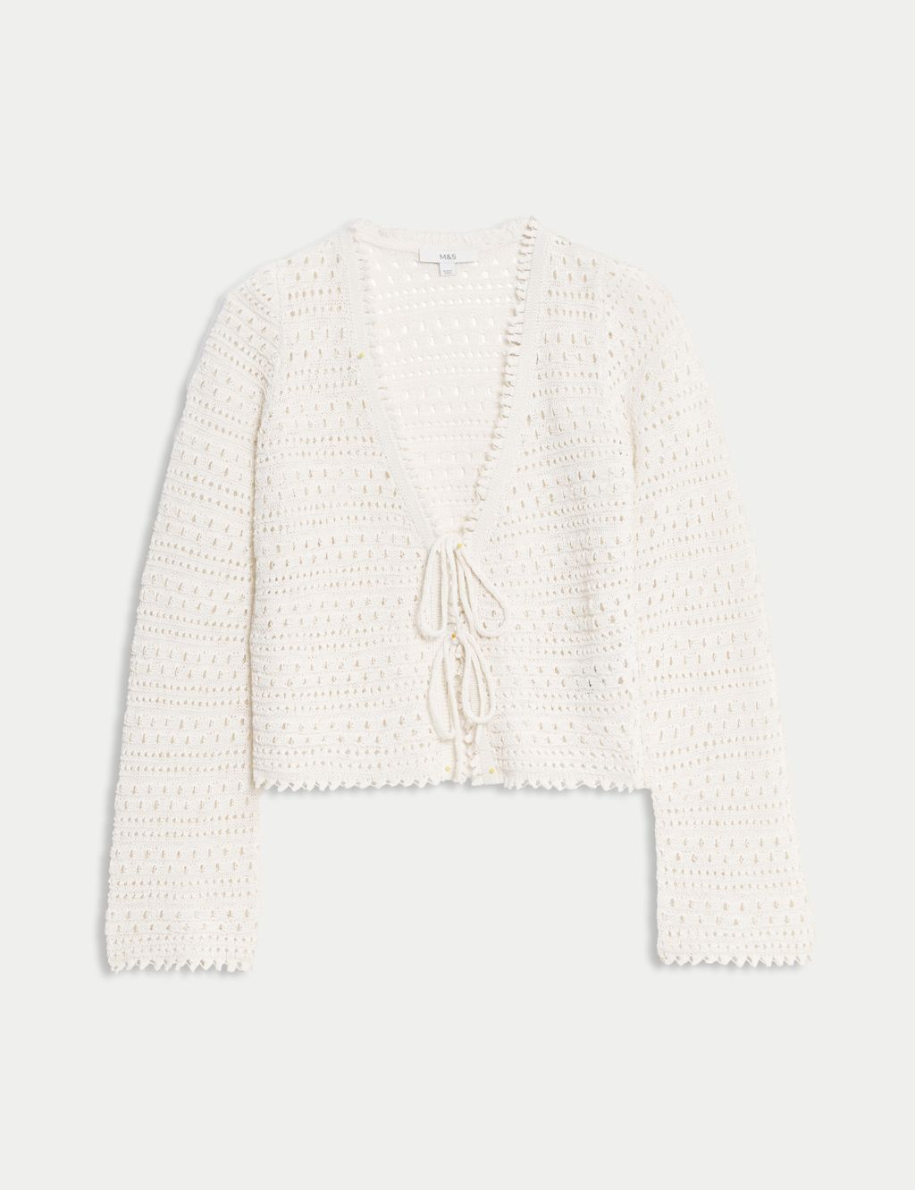 Cotton Blend Pointelle V-Neck Tie Front Cropped Cardigan 2 of 8