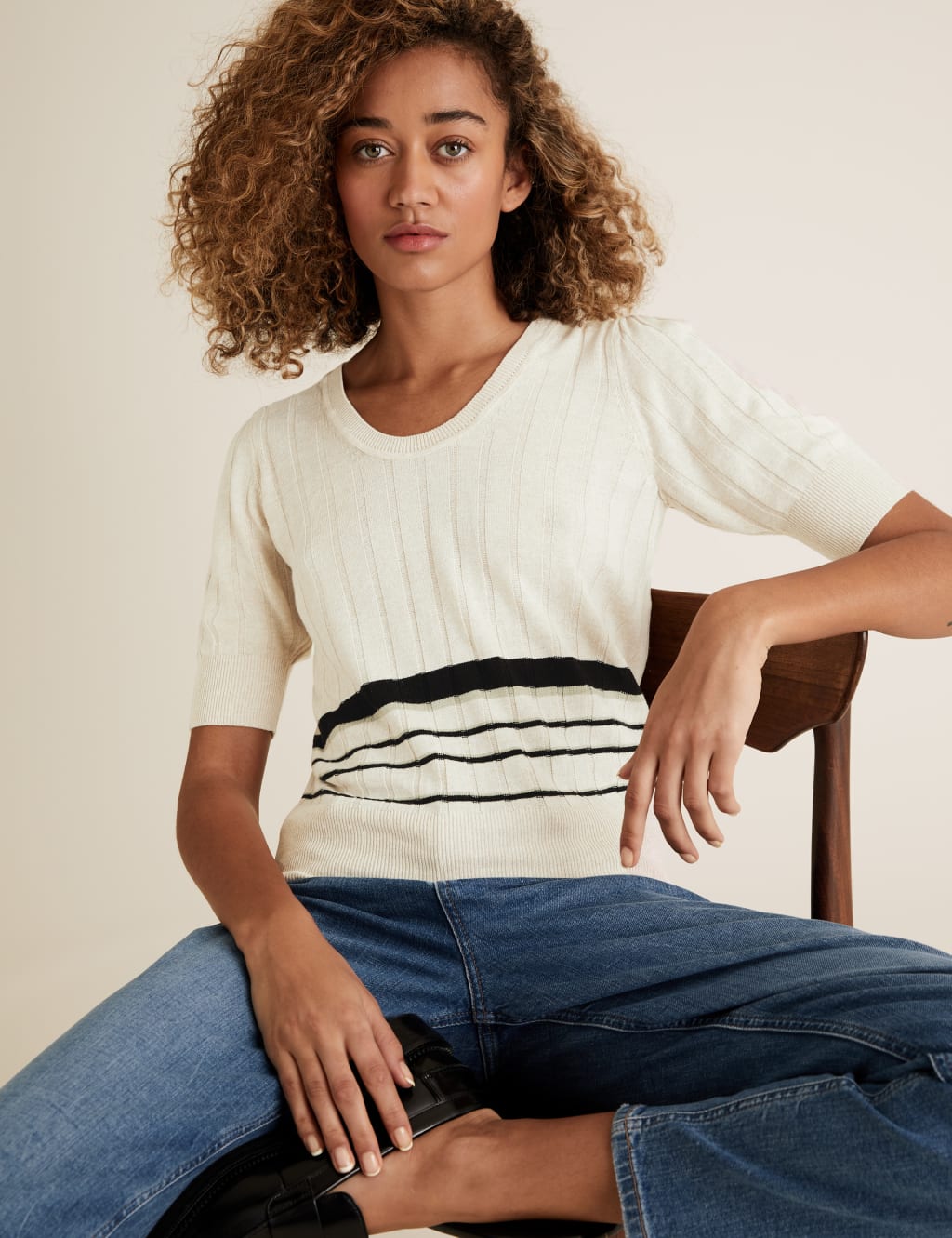 Knitted Ribbed Striped Scoop Neck Top 1 of 5