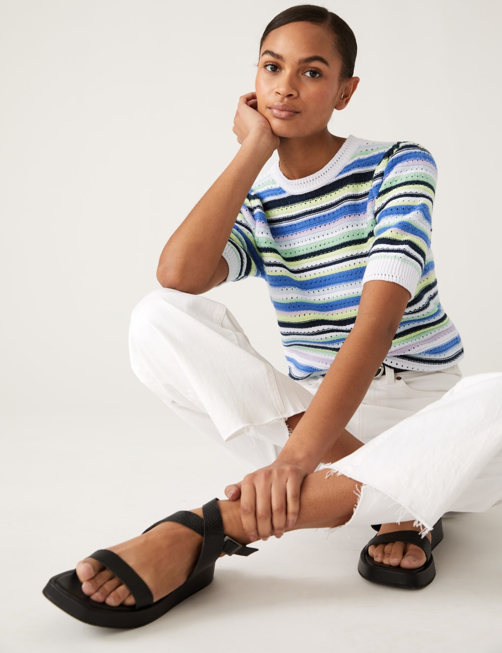 Cotton Rich Striped Crew Neck Knitted Top 1 of 6