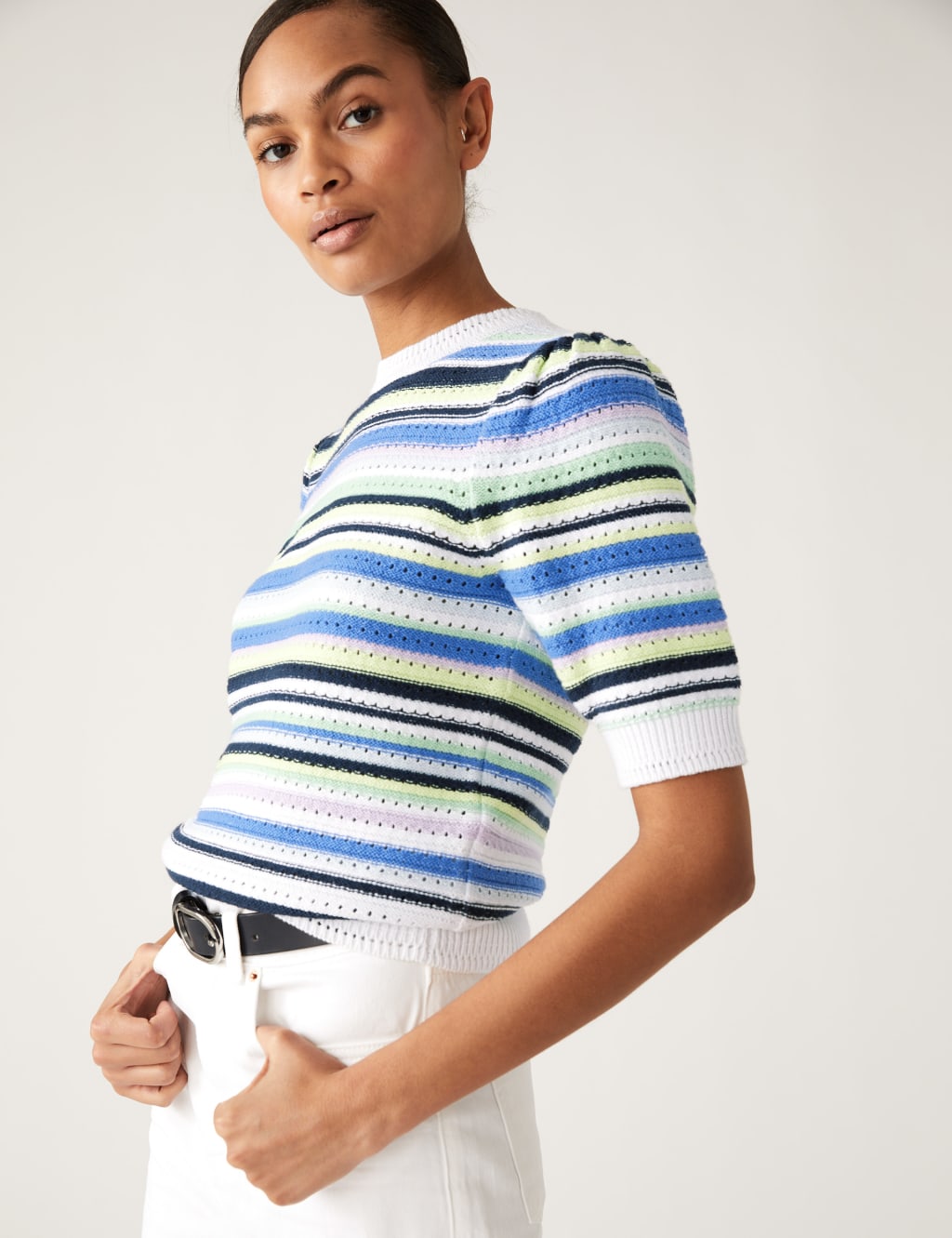 Cotton Rich Striped Crew Neck Knitted Top 3 of 6