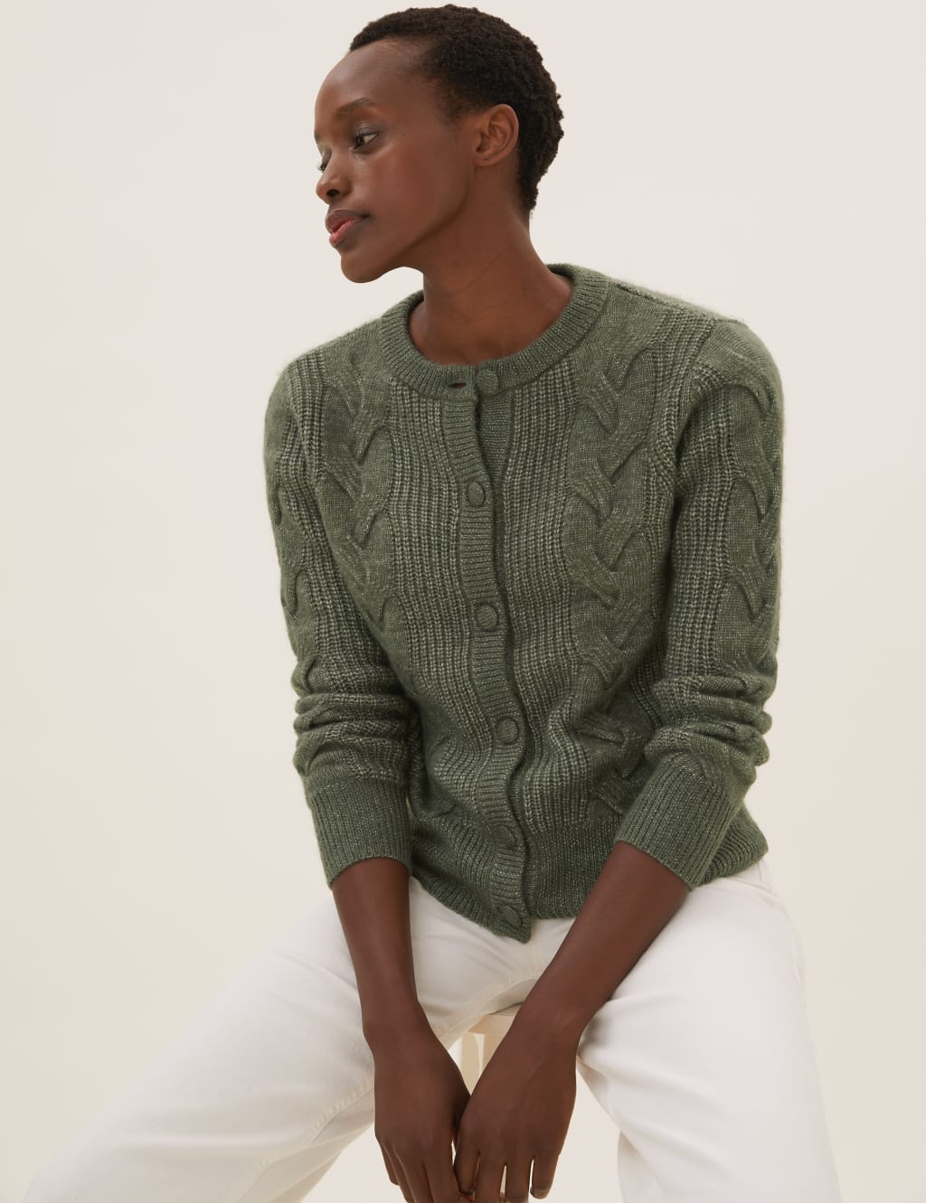 Cable Knit Button Front Cardigan with Wool 3 of 5