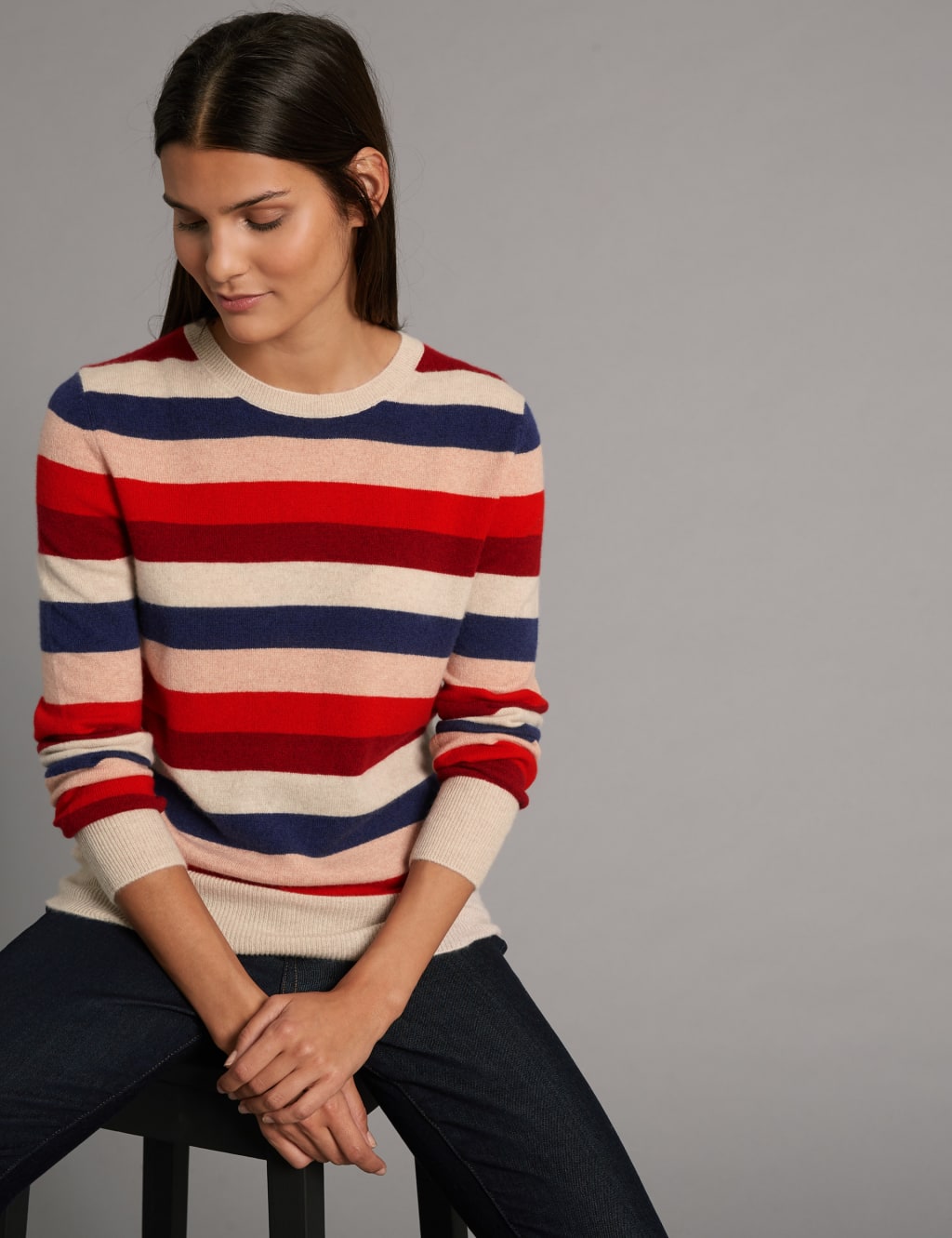 Pure Cashmere Striped Round Neck Jumper 1 of 5