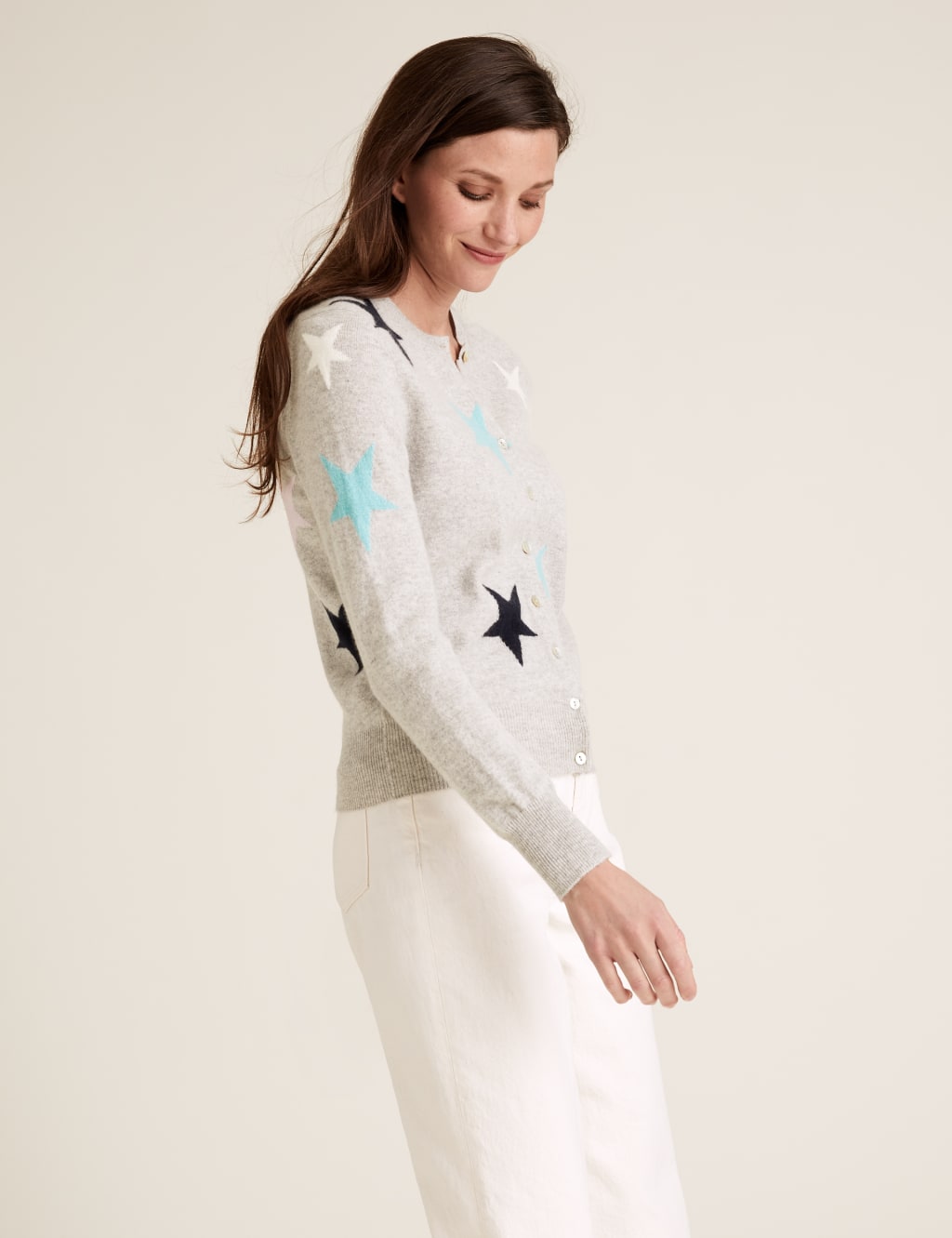 Pure Cashmere Star Print Crew Neck Cardigan 3 of 5