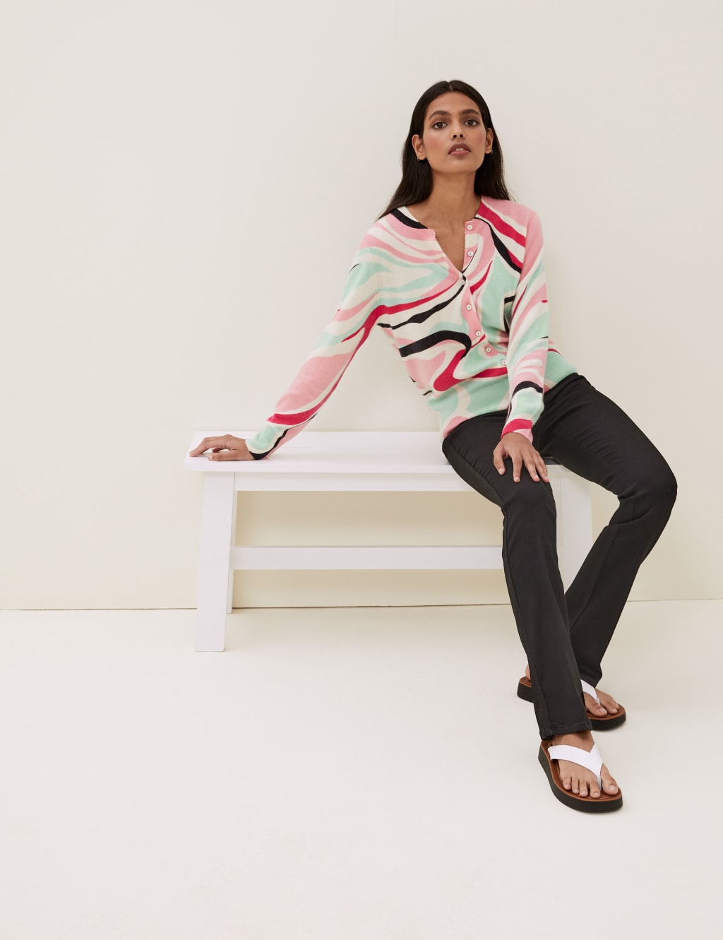 Pure Cashmere Printed Crew Neck Cardigan 1 of 4