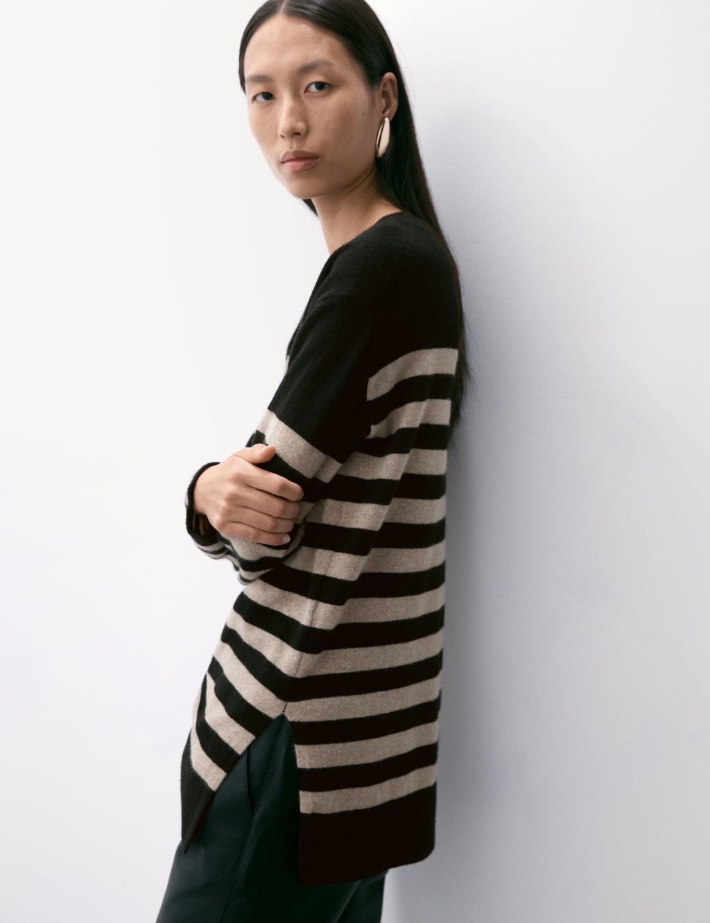 Pure Cashmere Striped Ribbed Longline Jumper Autograph M S