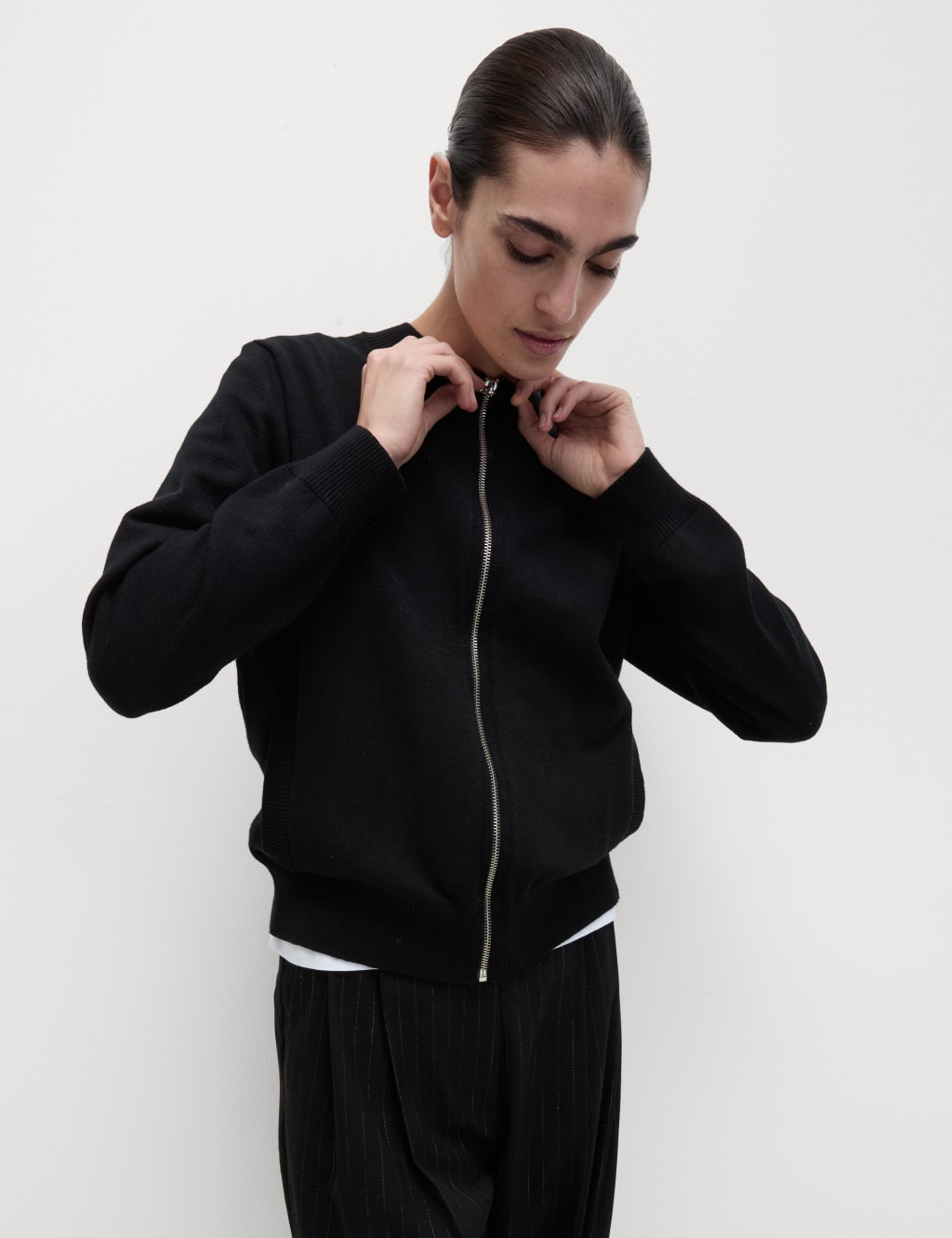 Ribbed Zip Up Relaxed Bomber Cardigan M S Collection M S