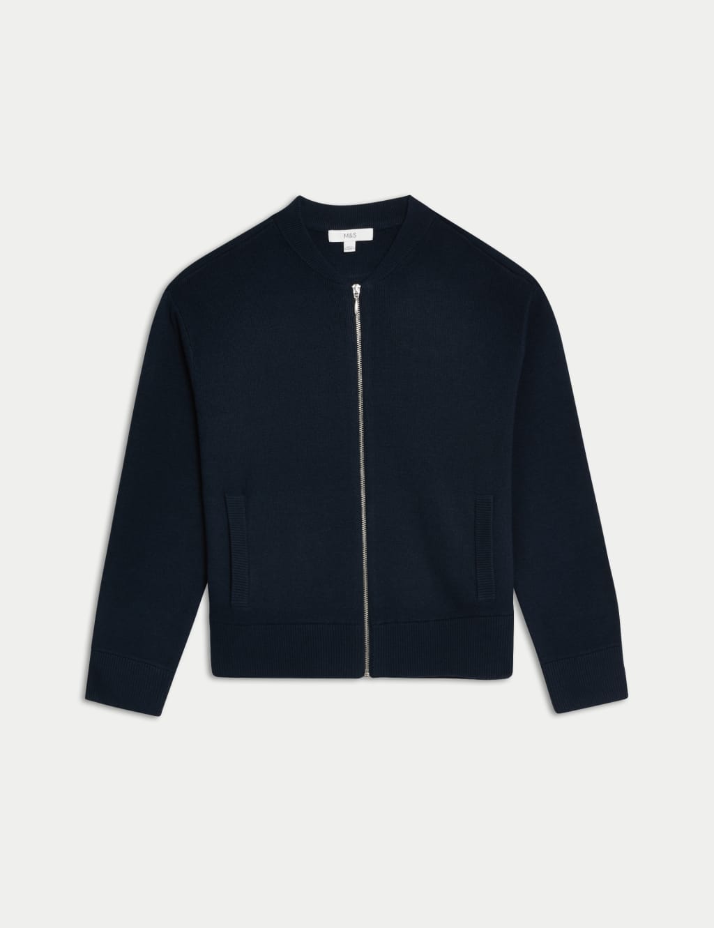 Knitted Textured Crew Neck Bomber Cardigan M S Collection M S