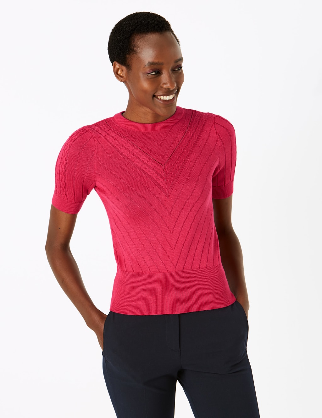 Ribbed Crew Neck Short Sleeve Knitted Top 1 of 4