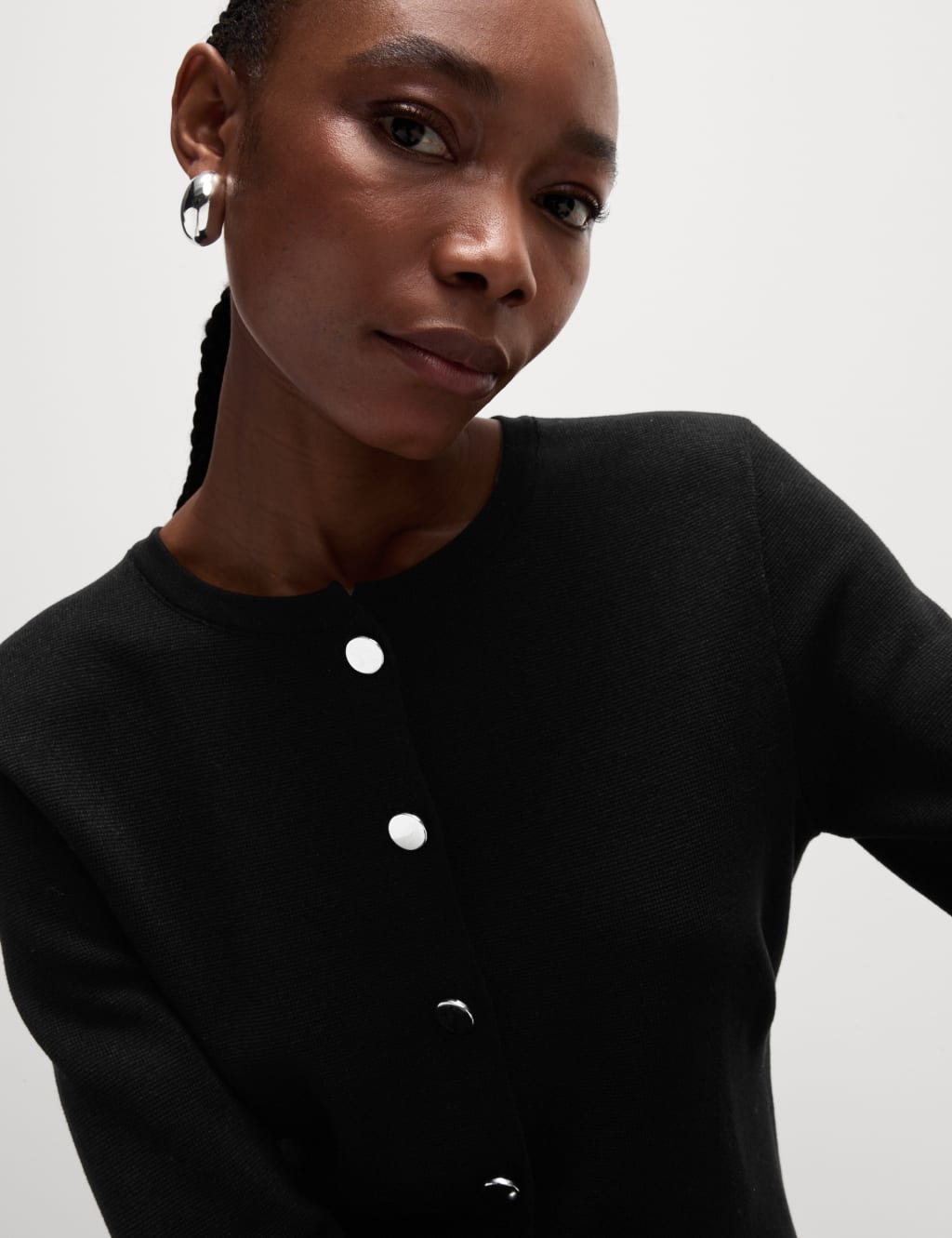Textured Crew Neck Button Front Cardigan
