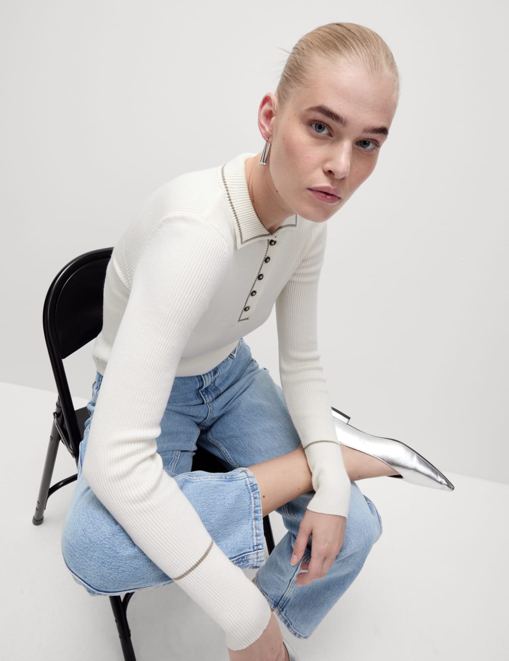 Ribbed Polo Neck Fitted Top M S Collection M S