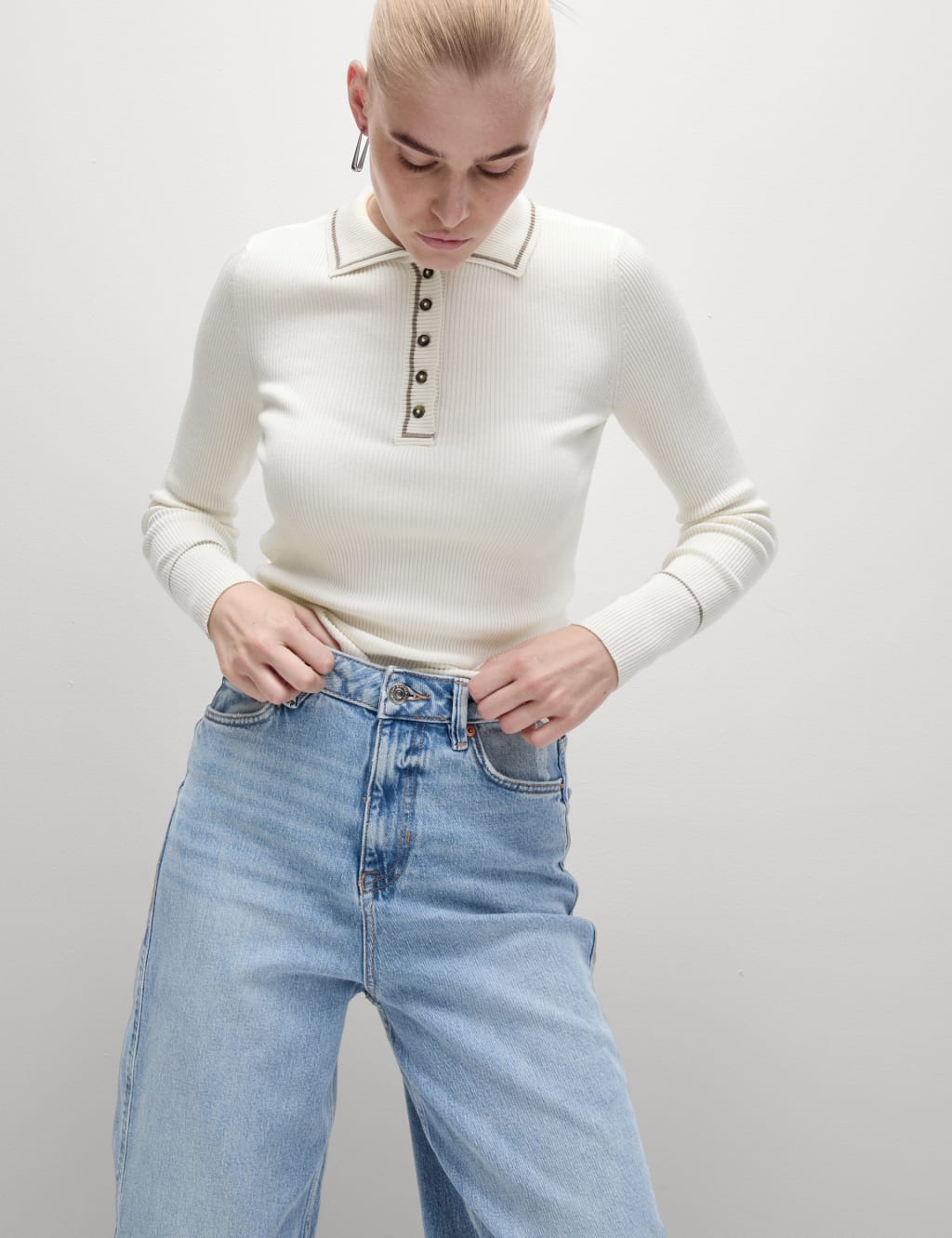 Ribbed Polo Neck Fitted Top