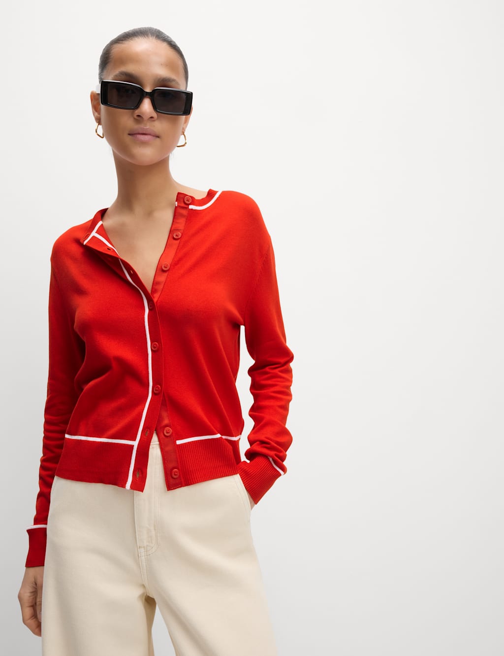 Crew Neck Tipped Detail Button Front Cardigan 6 of 7