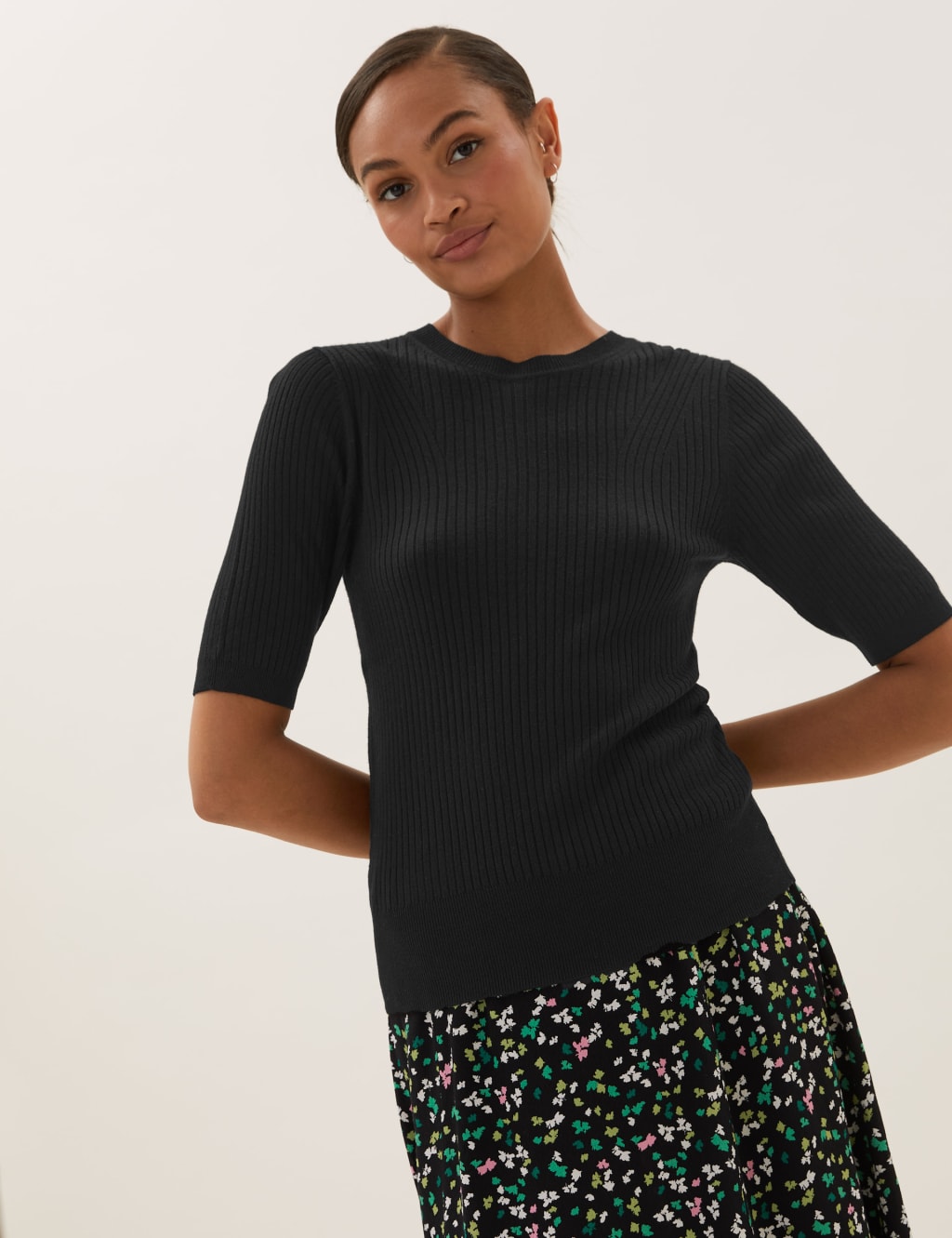 Ribbed Crew Neck Fitted Short Sleeve Jumper M S Collection M S