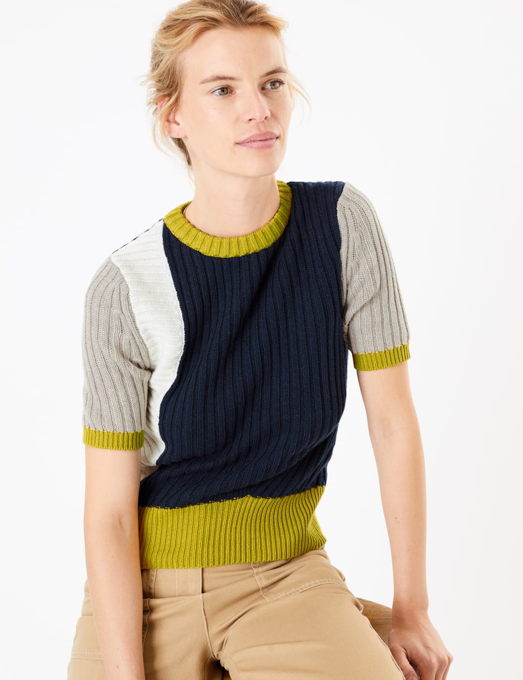 Cotton Rich Colour Block Knitted Top 1 of 4