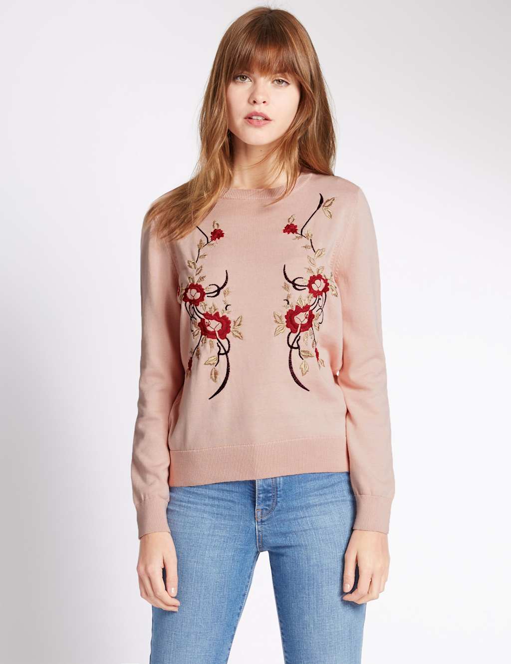 Pure Cotton Embroidered Crew Neck Jumper 1 of 4