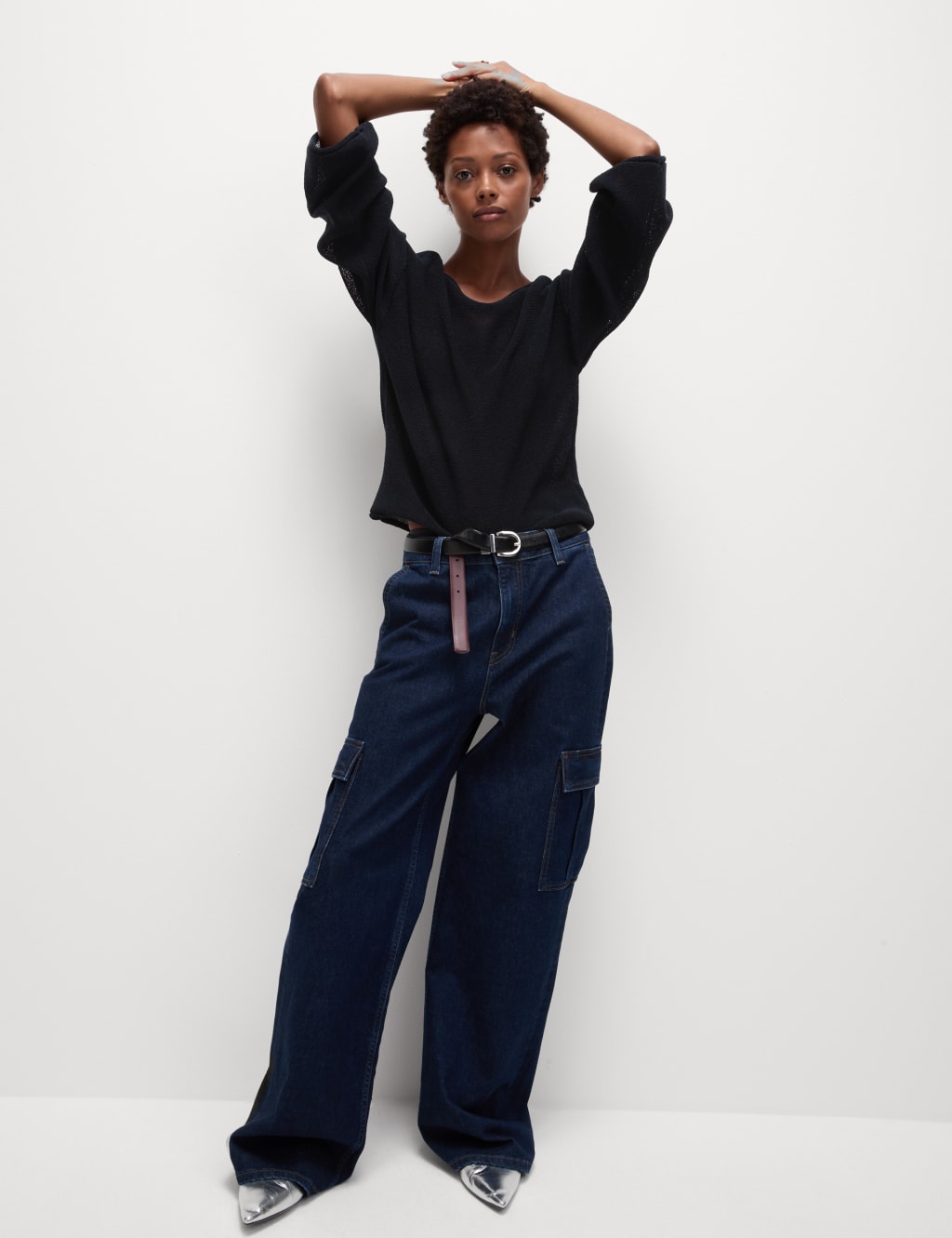 Cotton Blend Textured Crew Neck Jumper