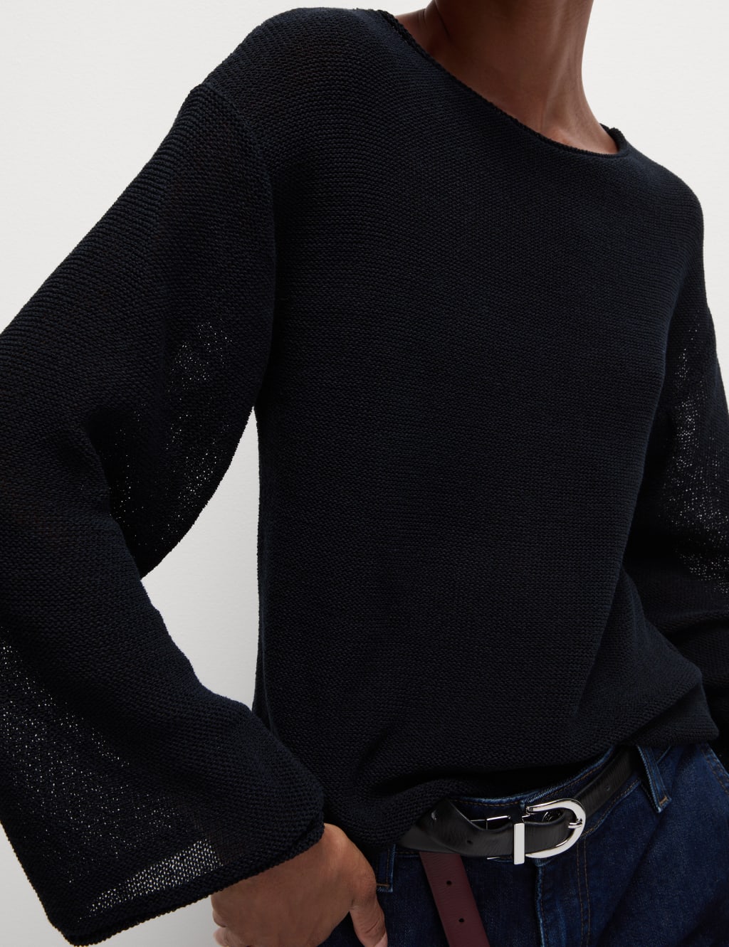 Cotton Blend Textured Crew Neck Jumper